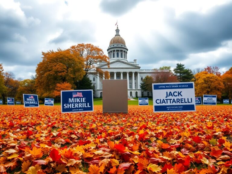 Flick International A vibrant autumn political scene in New Jersey featuring a voting booth and campaign signs for Mikie Sherrill and Jack Ciattarelli.