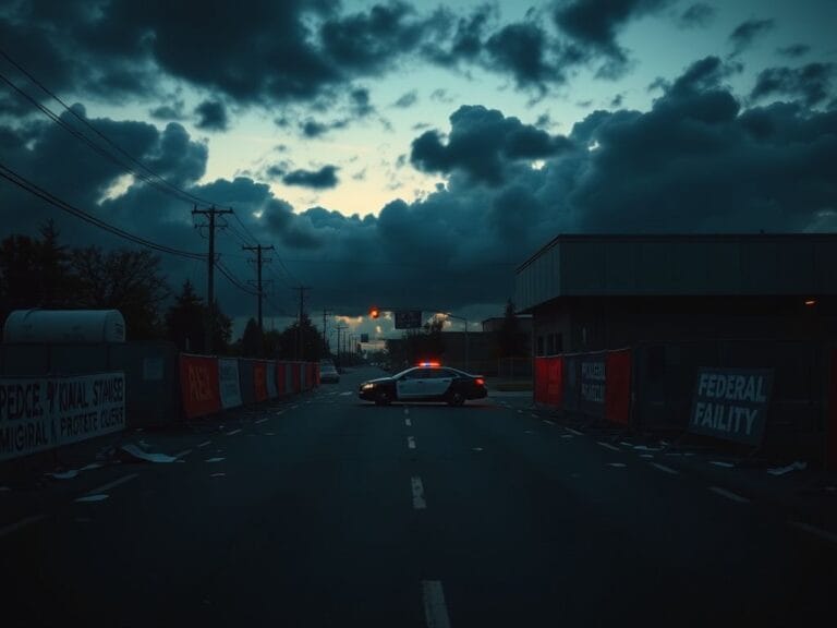 Flick International Empty street outside a federal immigration facility at dusk, symbolizing the tension surrounding political protests and free speech issues.