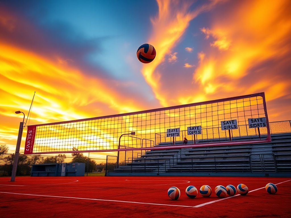 Flick International Vibrant volleyball court with sunset, featuring 'Save Girls Sports' banners and empty bleachers