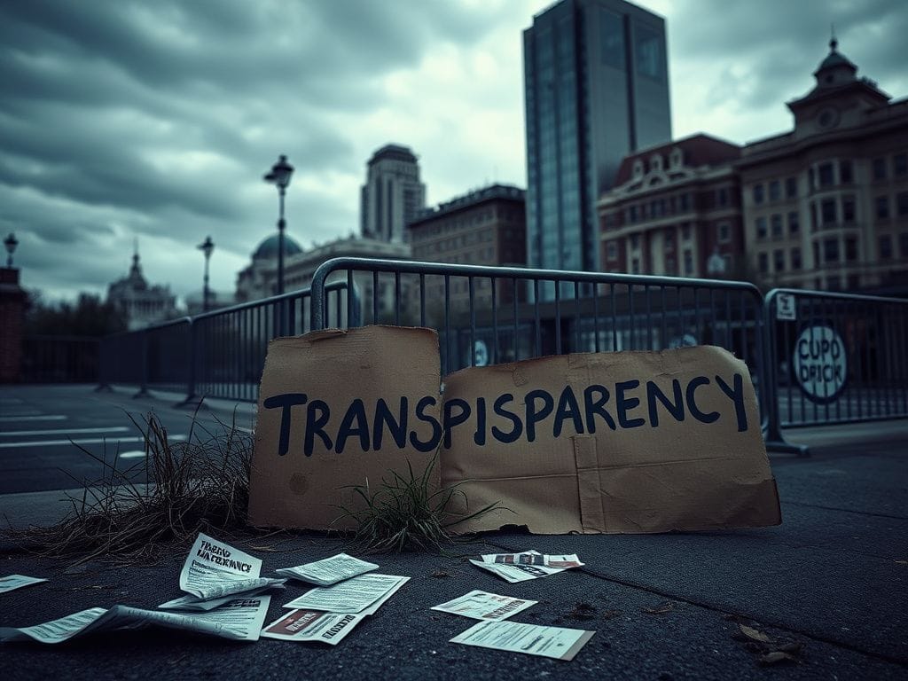 Flick International Empty protest area reflecting tension and uncertainty with a cardboard sign reading 'Transparency'.
