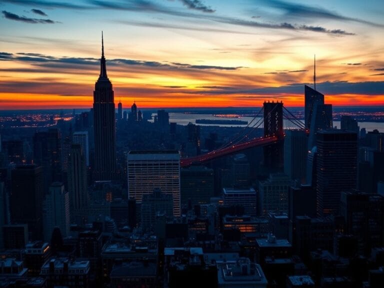 Flick International Aerial view of New York City skyline at dusk with polling charts