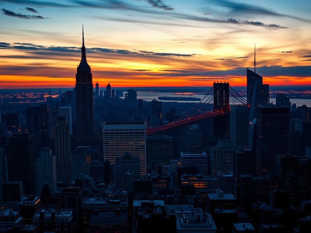 Flick International Aerial view of New York City skyline at dusk with polling charts