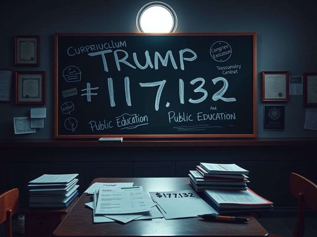 Flick International Classroom scene depicting an empty desk with a cluttered curriculum and a prominent $117,132 invoice