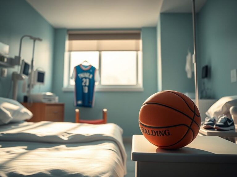 Flick International A serene hospital room with chemotherapy treatment equipment and a basketball resting on a bedside table