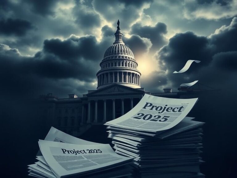 Flick International A dramatic view of a governmental building under gray clouds, with documents titled 'Project 2025' in the foreground.