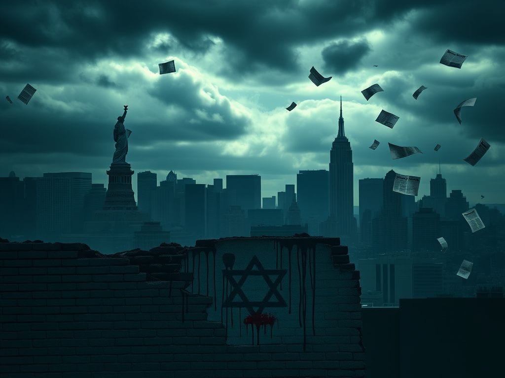 Flick International A darkened New York City skyline symbolizing rising antisemitism with a bloodied Star of David on a brick wall