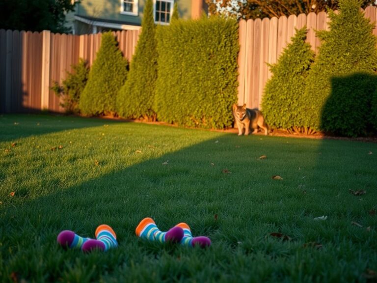Flick International A young child’s colorful socks left in a suburban backyard during dusk, suggesting a game of hide-and-seek amidst a coyote's cautious presence.
