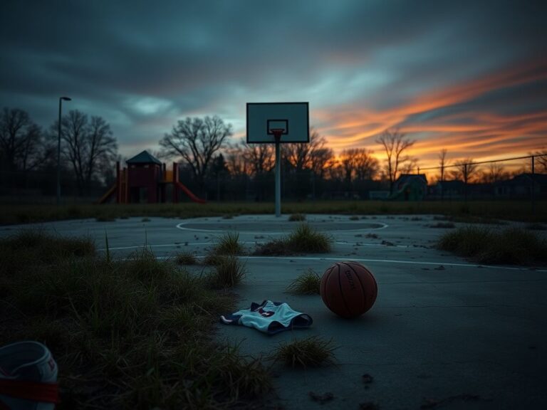 Flick International Distressed basketball court overgrown with weeds and discarded items symbolizing former glory.