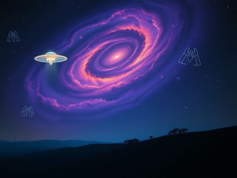 Flick International Surreal night sky with swirling galaxy and UFOs