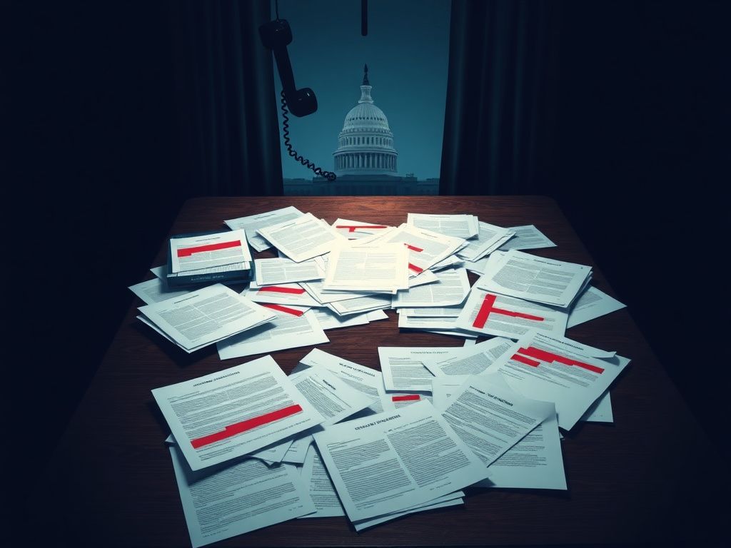 Flick International Cluttered desk with official government documents and redacted subpoenas