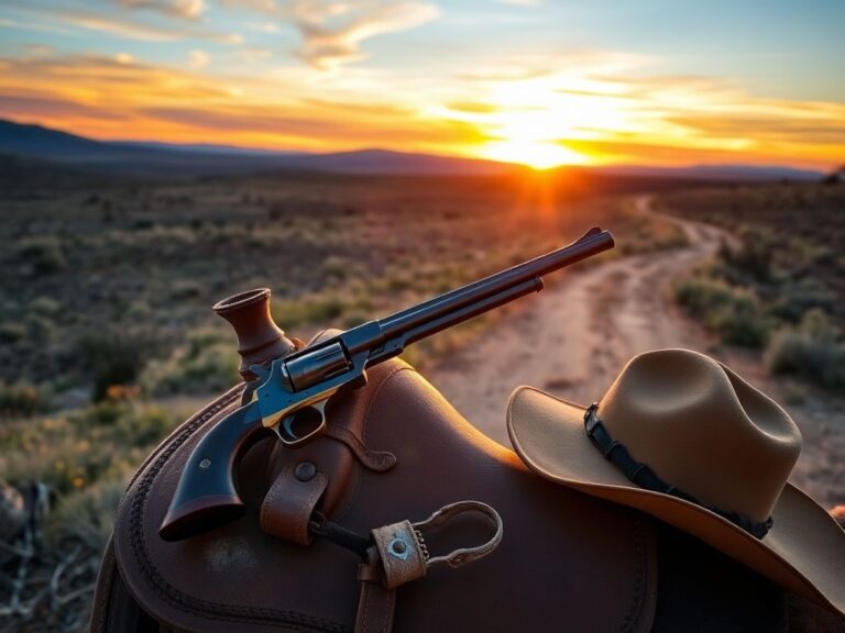 Flick International Vintage revolvers on a leather saddle in a serene western landscape at sunset