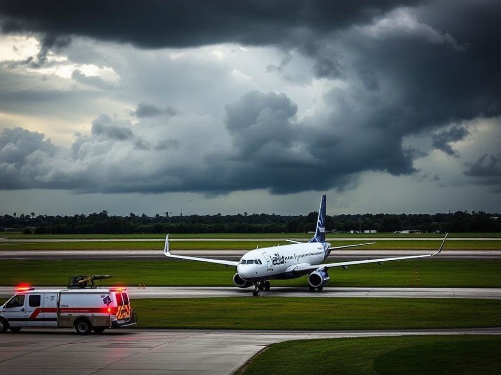 Flick International Aerial view of JetBlue Airbus A320 parked at Tampa Airport with emergency vehicles