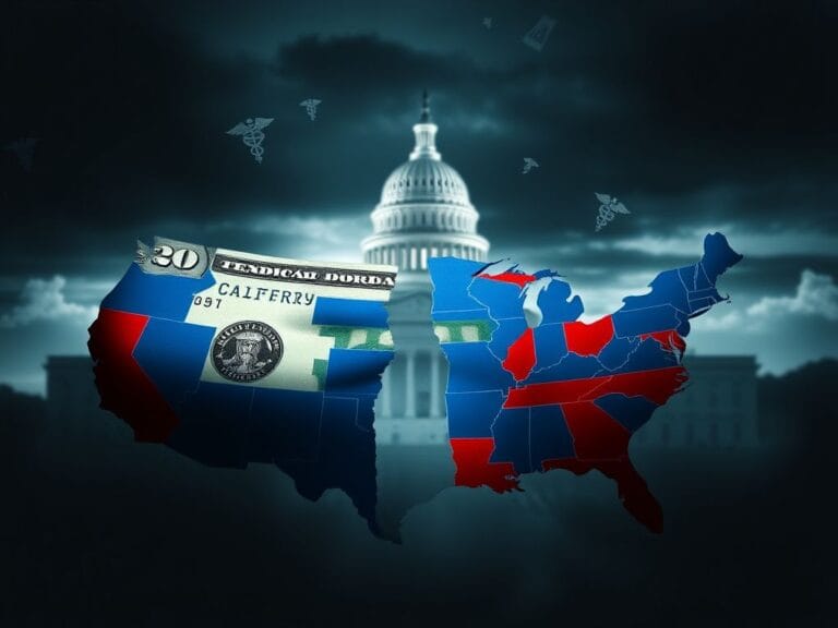 Flick International A conceptual image of a cracked dollar bill over a U.S. map, emphasizing blue states impacted by Medicaid funding issues.