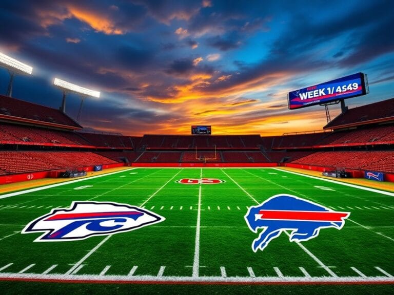 Flick International A wide view of a vibrant football stadium showcasing the Kansas City Chiefs and Buffalo Bills logos under floodlights