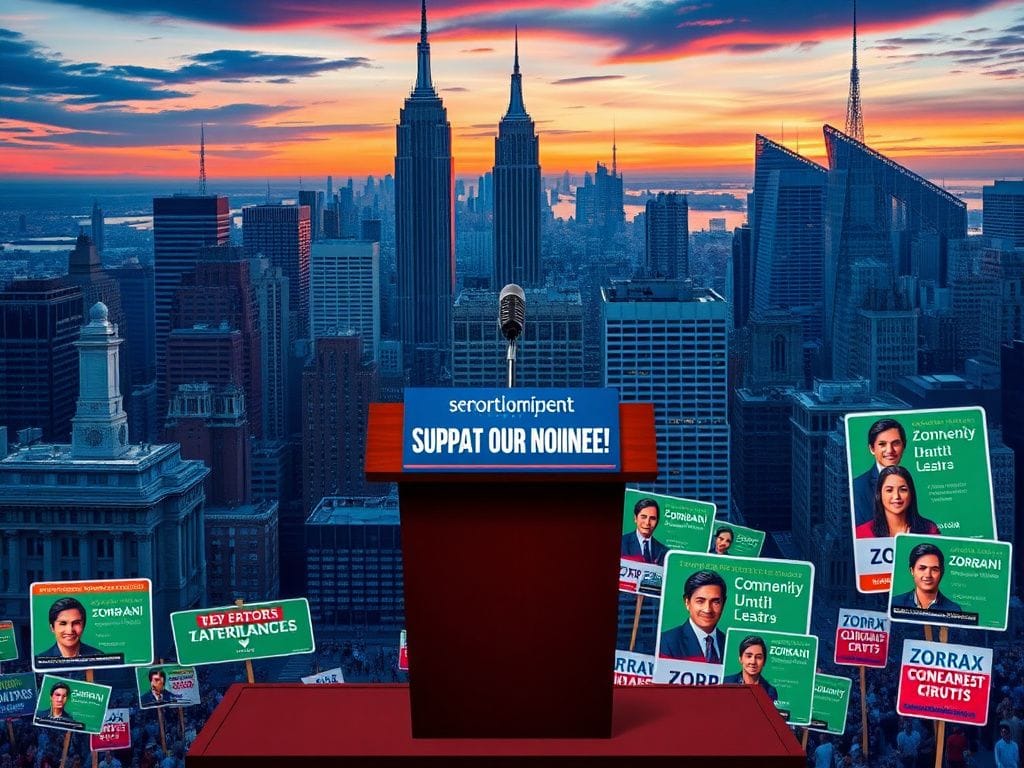 Flick International Empty campaign podium with microphone at NYC advocating for Zohran Mamdani