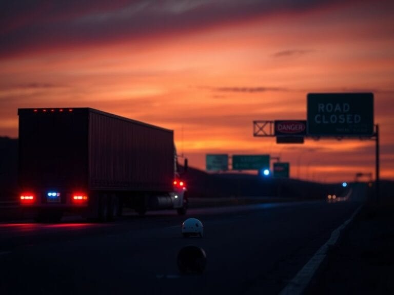 Flick International A somber sunset scene featuring an 18-wheeler on a deserted highway, emphasizing the themes of road safety and urgency.