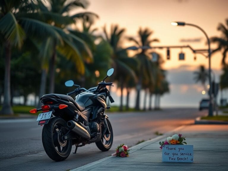 Flick International Empty police motorcycle with black ribbon in Miami Beach at dusk