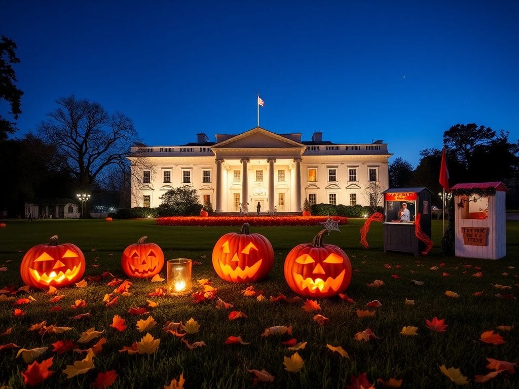 Flick International Vibrant South Lawn of the White House decorated for Halloween with jack-o'-lanterns and festive booths.