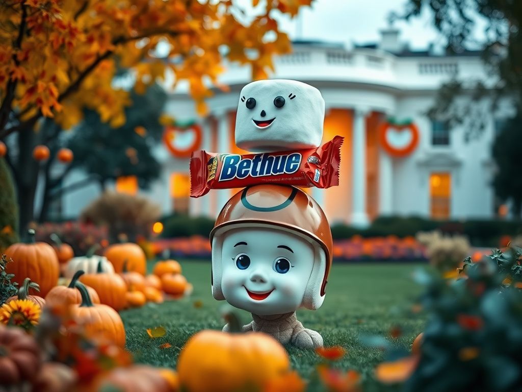 Flick International Giant candy bar humorously balanced on a marshmallow helmet in a festive White House garden.