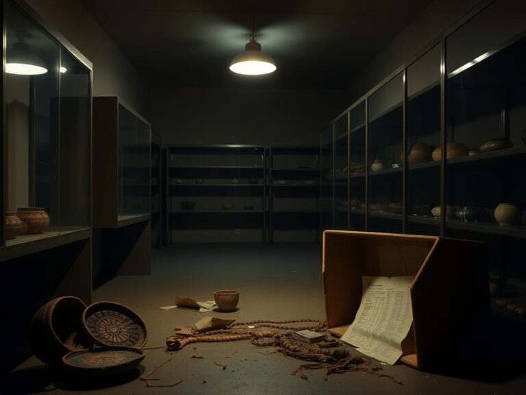 Flick International Darkened museum storage room with remnants of stolen Native American artifacts scattered across the floor