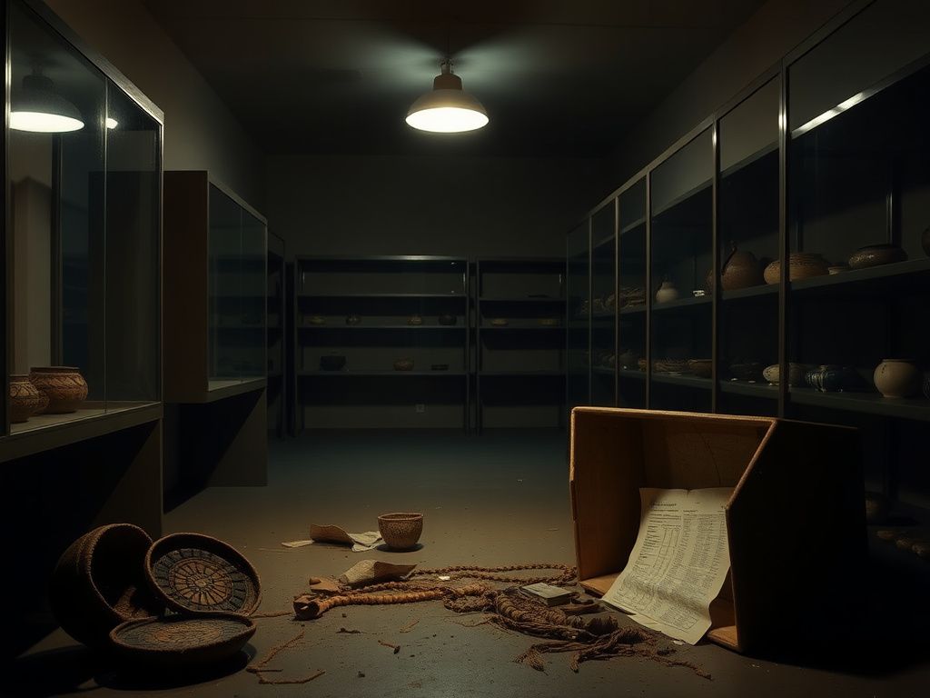 Flick International Darkened museum storage room with remnants of stolen Native American artifacts scattered across the floor