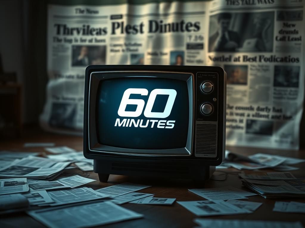 Flick International Close-up of a vintage television set displaying the iconic '60 Minutes' logo with a blurred newspaper backdrop