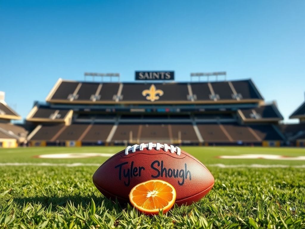 Flick International Personalized football resting on grass with Tyler Shough's name, set against a vibrant football field backdrop