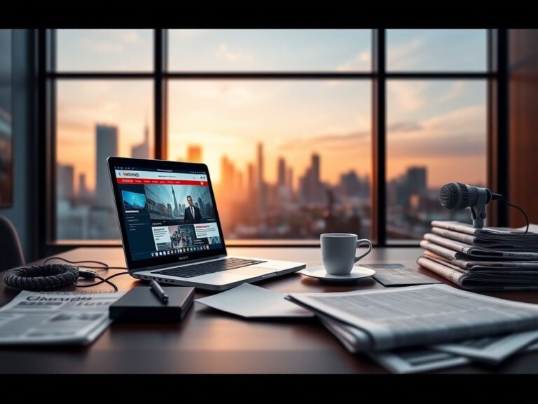 Flick International Empty newsroom desk with laptop showing news headlines