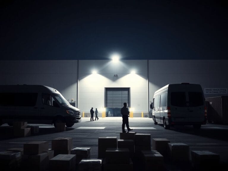 Flick International A large freight warehouse under police scrutiny during an immigration raid in New Jersey.