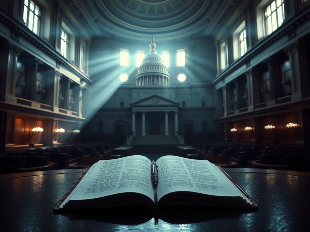 Flick International An empty Senate chamber in the U.S. Capitol, illuminated by soft light with a prayer book and quill in the foreground.