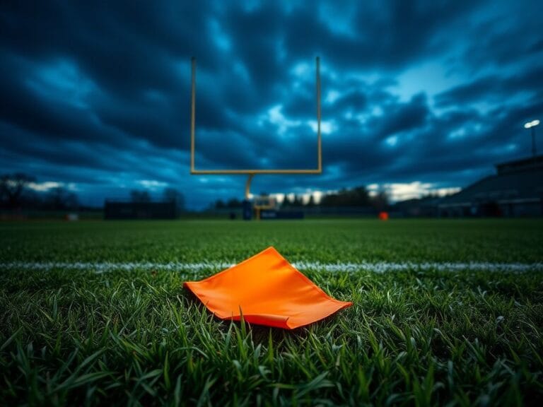 Flick International Ground level shot of a football field with a discarded orange penalty flag on the grass