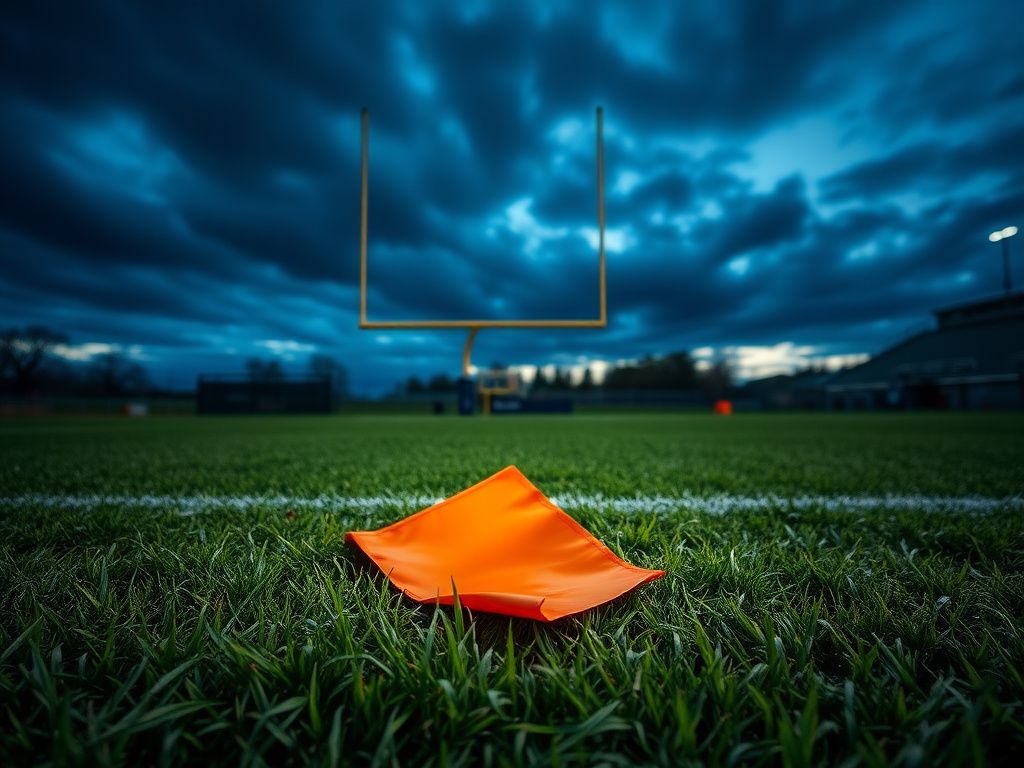 Flick International Ground level shot of a football field with a discarded orange penalty flag on the grass