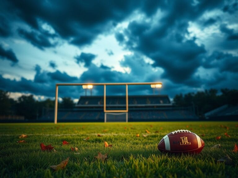 Flick International Dynamic football scene at dusk with a goal post and blurred stadium background