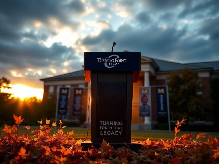 Flick International A serene outdoor scene at the University of Mississippi featuring a podium with the Turning Point USA logo and vibrant autumn leaves.