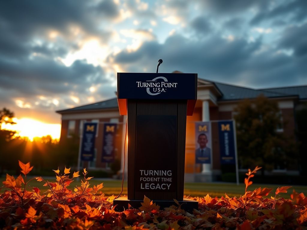Flick International A serene outdoor scene at the University of Mississippi featuring a podium with the Turning Point USA logo and vibrant autumn leaves.