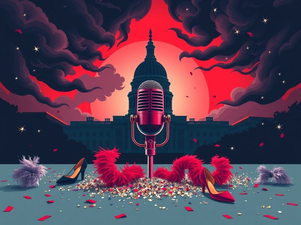 Flick International A vibrant political scene featuring a large ornate microphone surrounded by theatrical props symbolizing controversy in politics.