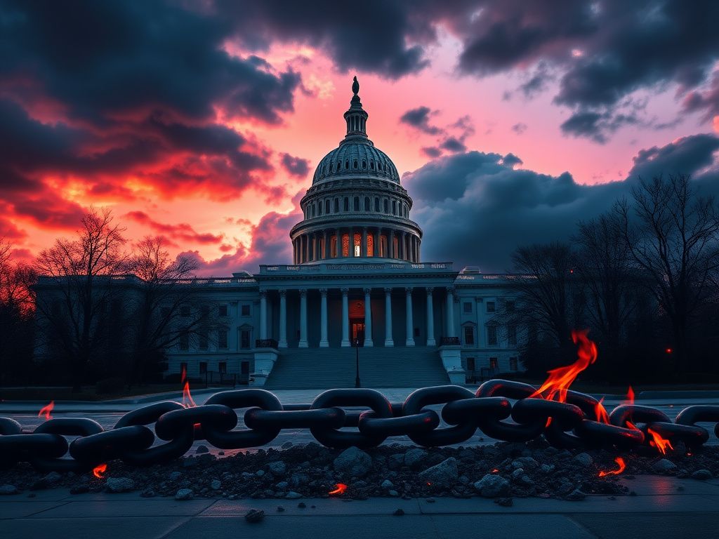 Flick International Dramatic depiction of the U.S. Capitol building under a twilight sky, symbolizing political tension and conflict.