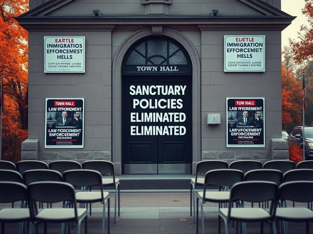 Flick International A stark New Jersey town hall building with a closed door featuring 'SANCTUARY POLICIES ELIMINATED' sign.