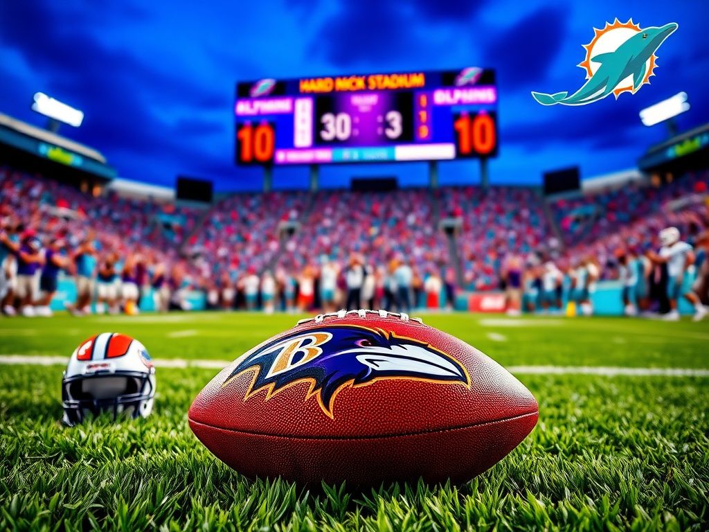 Flick International A football on the grass field showcasing the Baltimore Ravens' colors during a dynamic NFL game.