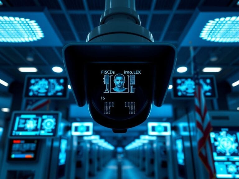 Flick International Close-up view of a high-tech border security checkpoint featuring a facial recognition camera setup