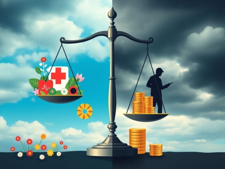 Flick International A large, stylized scale of justice depicting contrasting representations of healthcare policy and taxpayer funding debates.