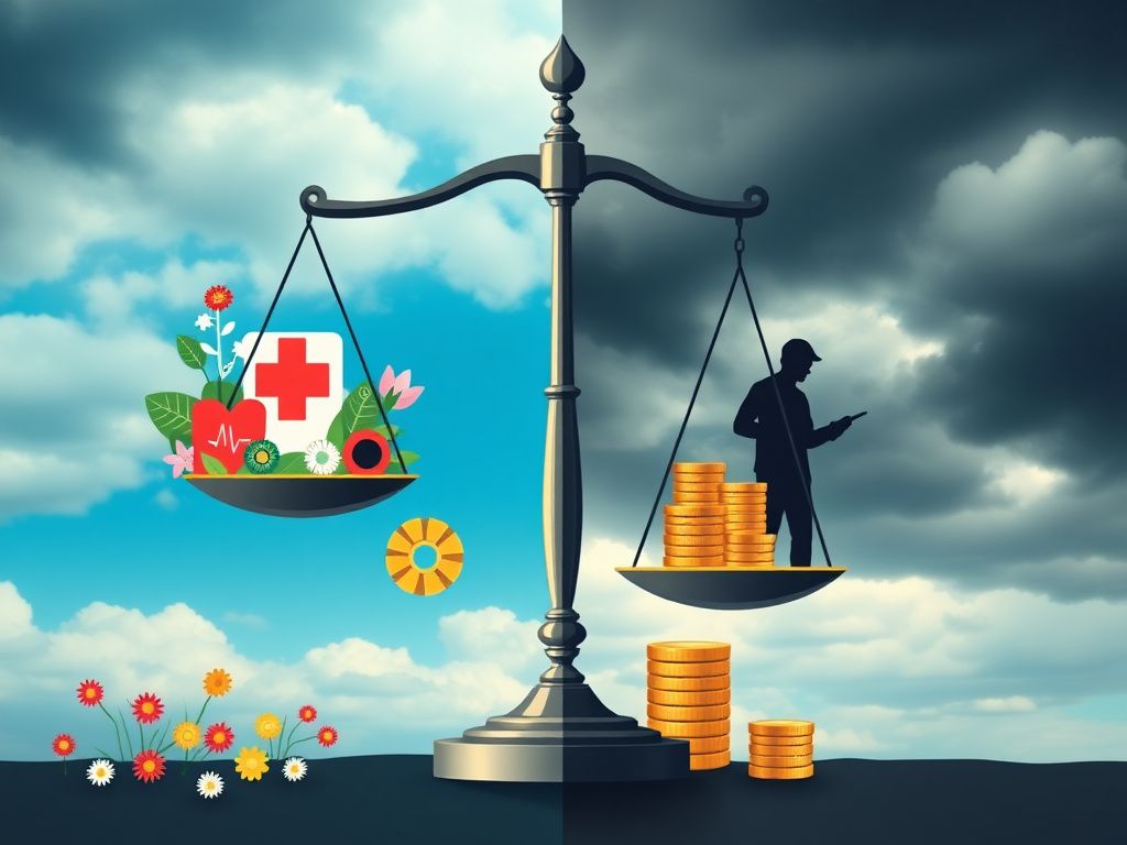 Flick International A large, stylized scale of justice depicting contrasting representations of healthcare policy and taxpayer funding debates.