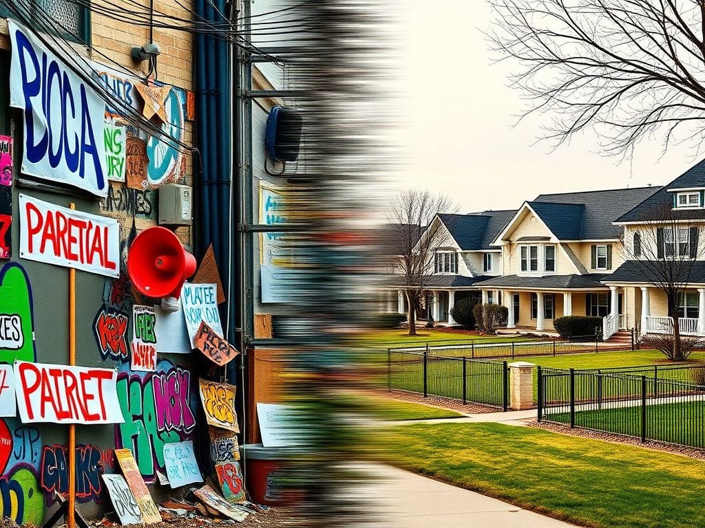 Flick International A split image showing vibrant urban activism on the left and serene suburban stability on the right, symbolizing the Democratic Party's internal struggle.