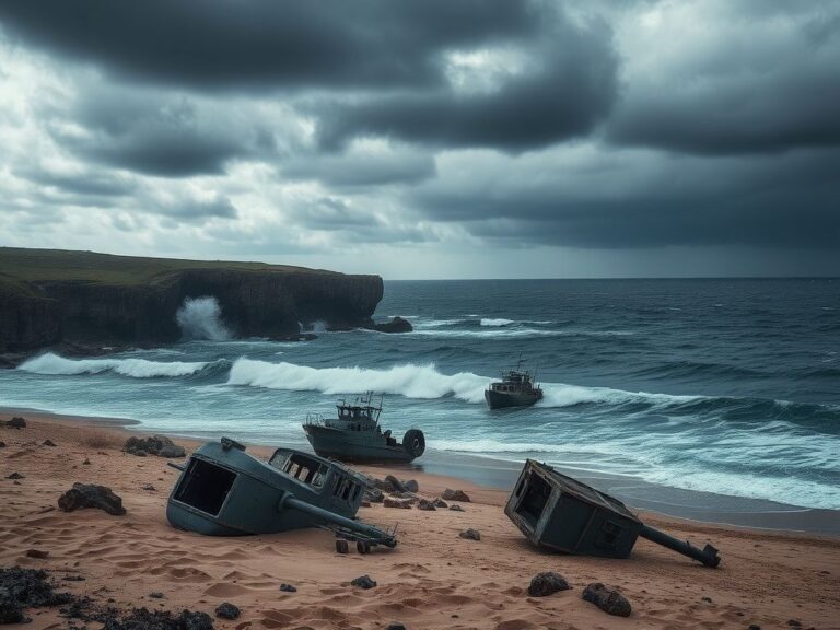 Flick International Dramatic coastline with turbulent waves and military remnants symbolizing conflict and authority