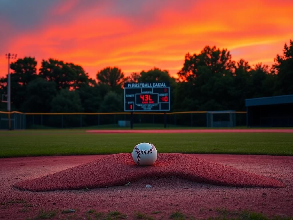 Flick International High school softball field at sunset with vibrant sky and pitcher's mound in foreground
