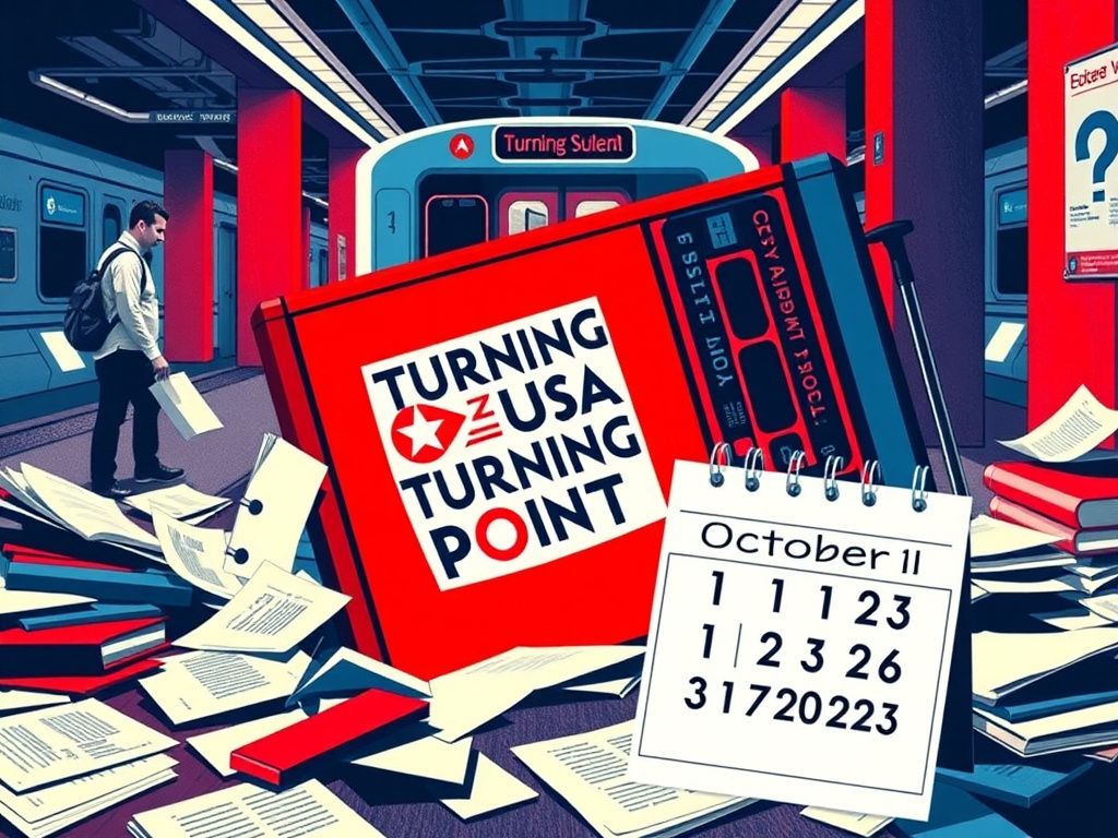Flick International University campus scene with overturned Turning Point USA table surrounded by scattered papers and books