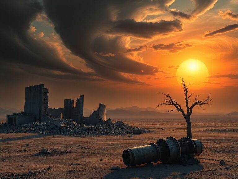 Flick International A barren landscape featuring the remnants of an obliterated nuclear facility under an eerie orange sky