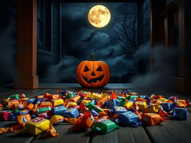 Flick International A dimly lit Halloween scene with a spread of colorful candies on a wooden porch, hinting at hidden dangers.