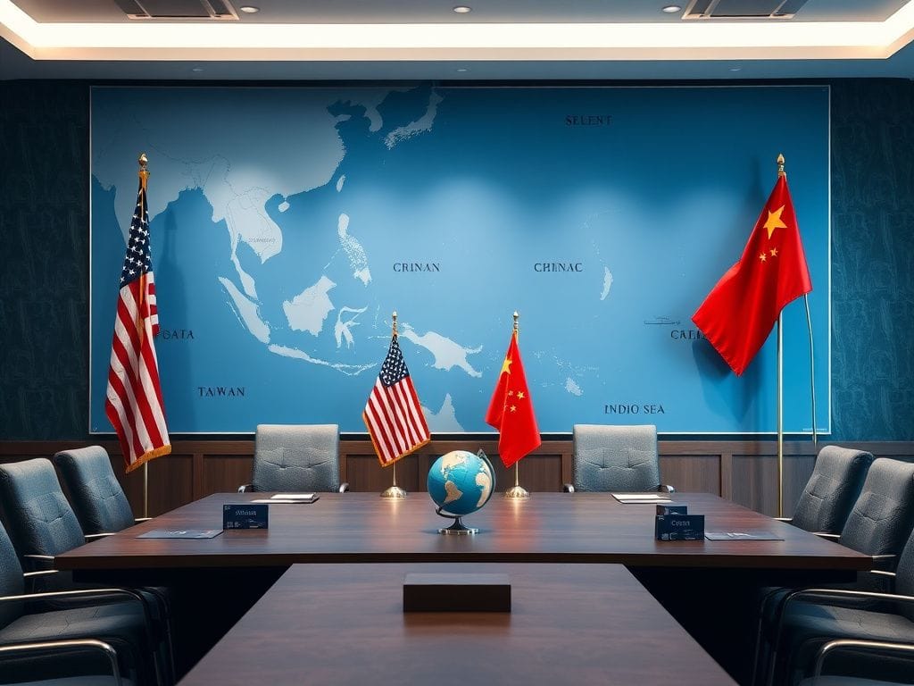 Flick International Conference setting with empty chairs for US and Chinese representatives and a map of the Indo-Pacific region.