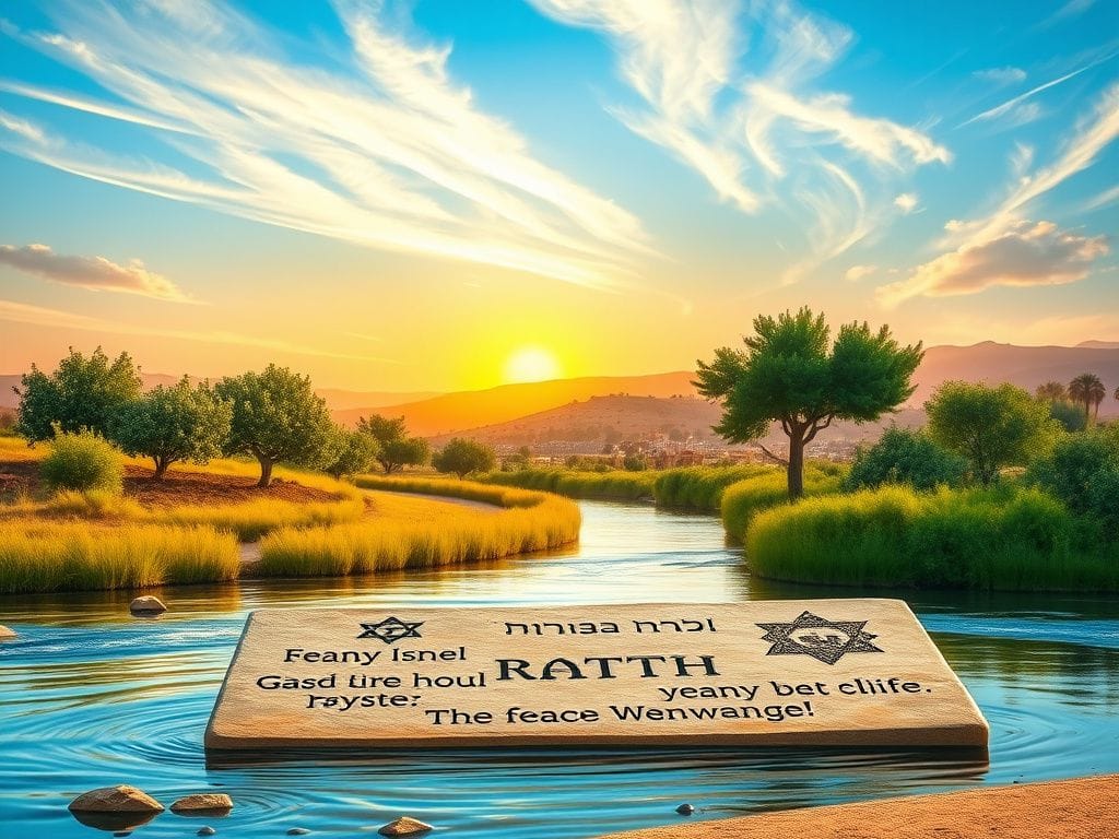 Flick International Serene sunrise landscape representing peace with vibrant olive trees, pomegranate bushes, and a river symbolizing unity between Israel and Palestine
